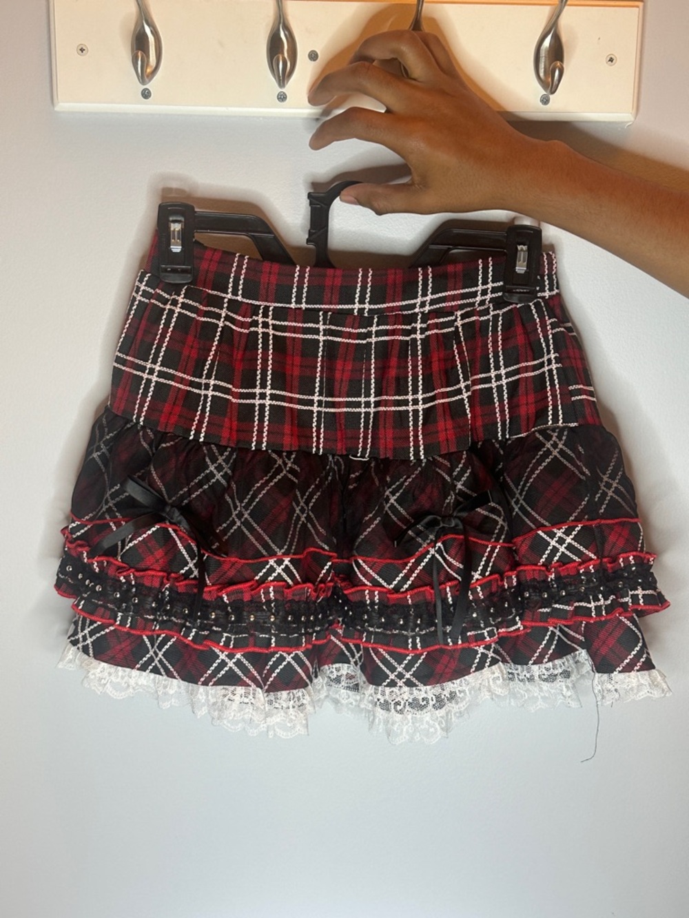 dark in love red plaid layered ruffle skirt with lace trim and stud details